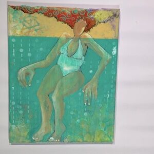 Hand Crafted Vibrant Aqua and Red Art Painting Swimming Woman Beach Painting